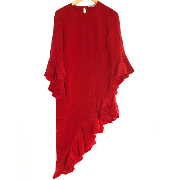 Alexis Hazel Asymmetric Dress Ruffle Trim Bell Sleeve Red M - Picture 4 of 12